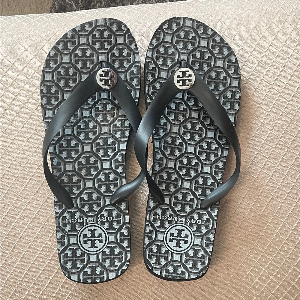 Tory Burch Black and Gray Logo Flip Flops